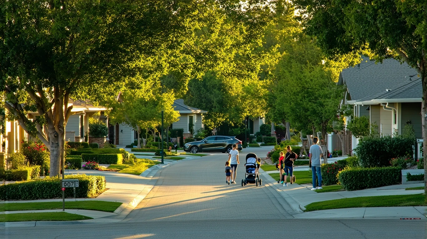 A couple pushing a stroller on a tree-lined sidewalk in a San Bernardino neighborhood.