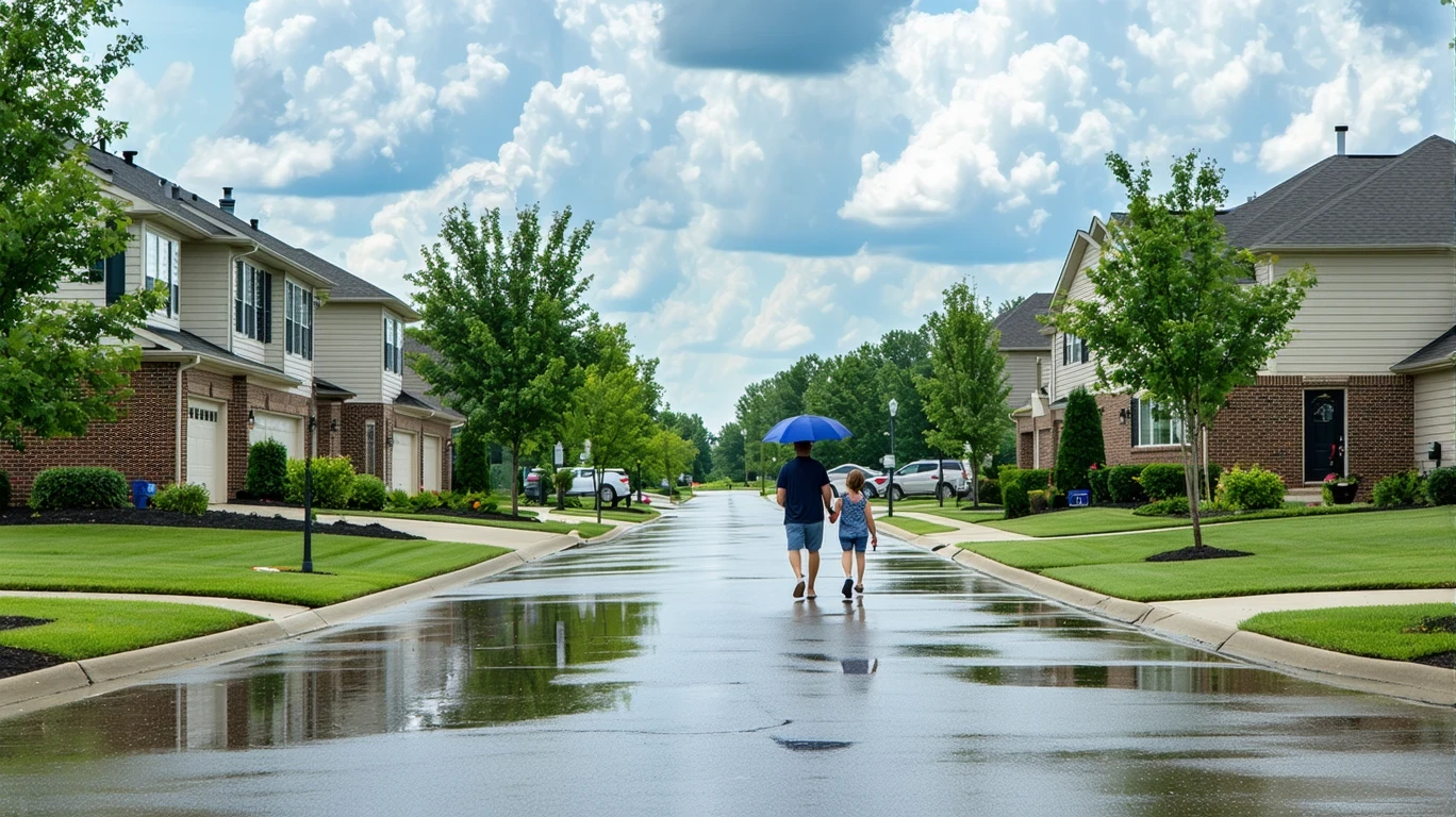 A suburban avenue in Mason, Ohio with wet asphalt after a rain shower. Palm tree reflections are visible in puddles on the sidewalk.