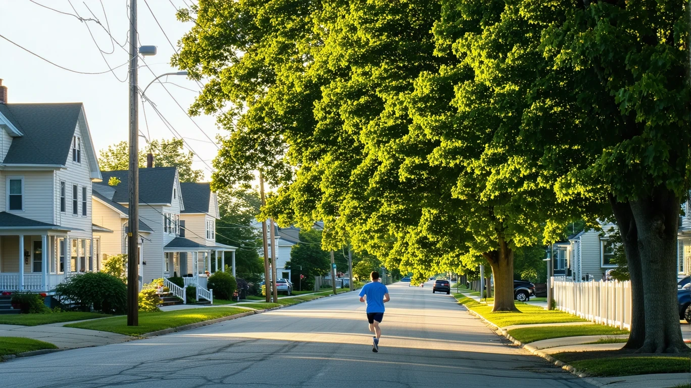 Sunlight through a maple tree over a residential street in Hamilton, Ohio, with a jogger on the sidewalk.