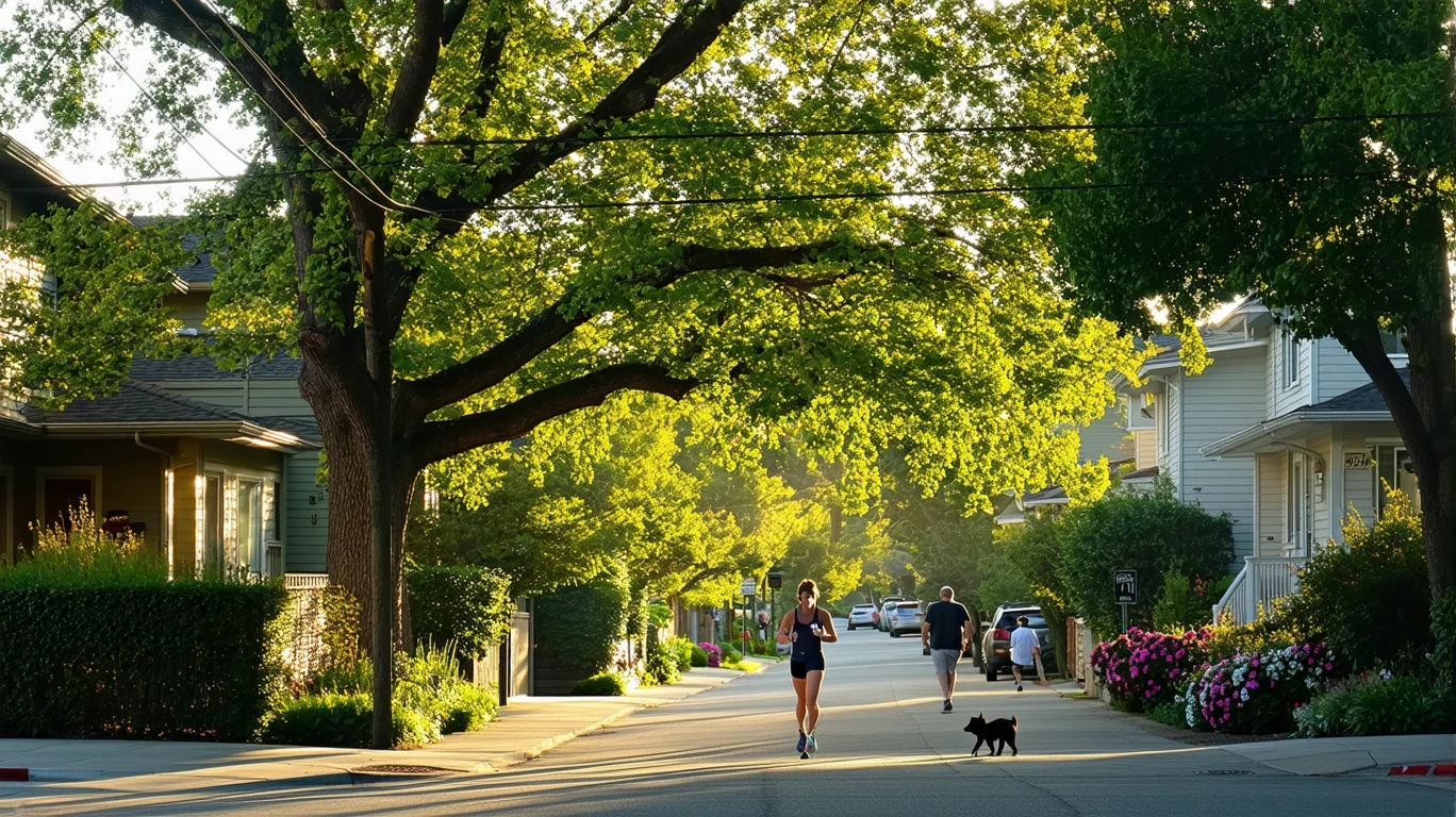 Sunlight through maple leaves over a Mountain View street, with a jogger, dog-walker, and two-story homes in the background.