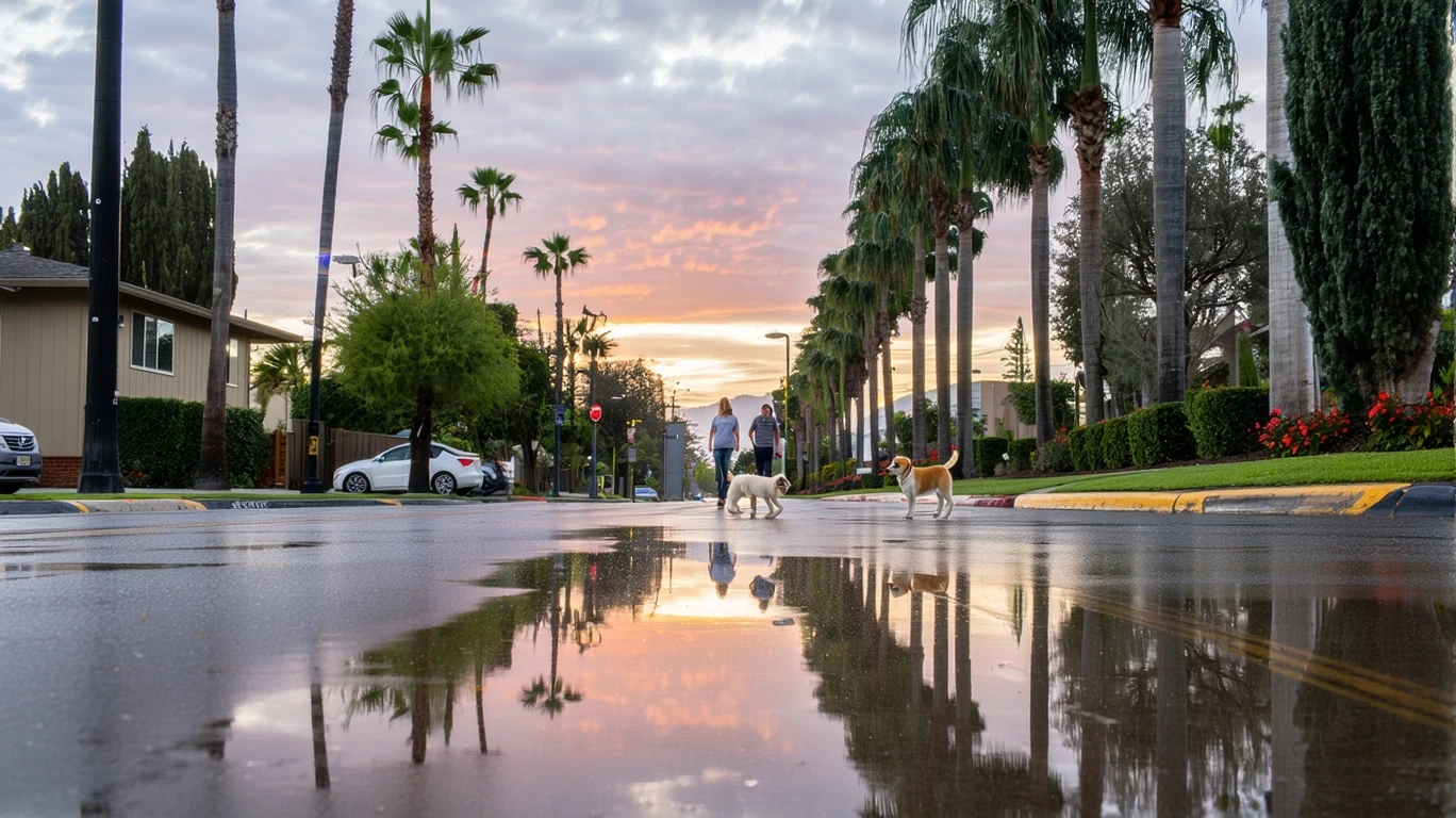 A wide avenue in San Jose after a rain, with palm trees reflected in puddles and a couple walking their dog on the sidewalk.