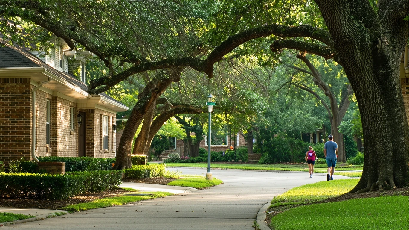 Tree-lined residential street in Dallas with sidewalk curving out of view.