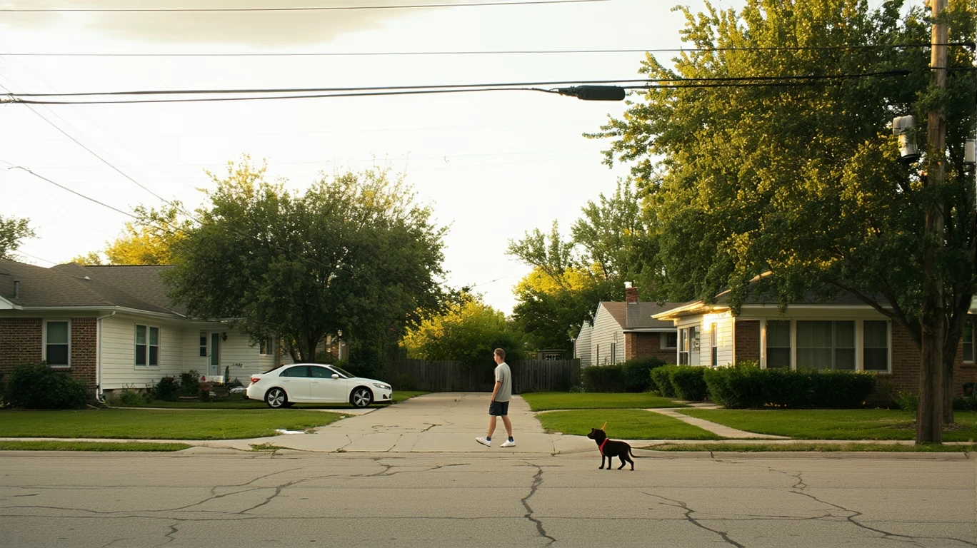A man walking his dog on the sidewalk of a quiet suburban street corner in Dallas, with modest homes and an older car parked nearby.