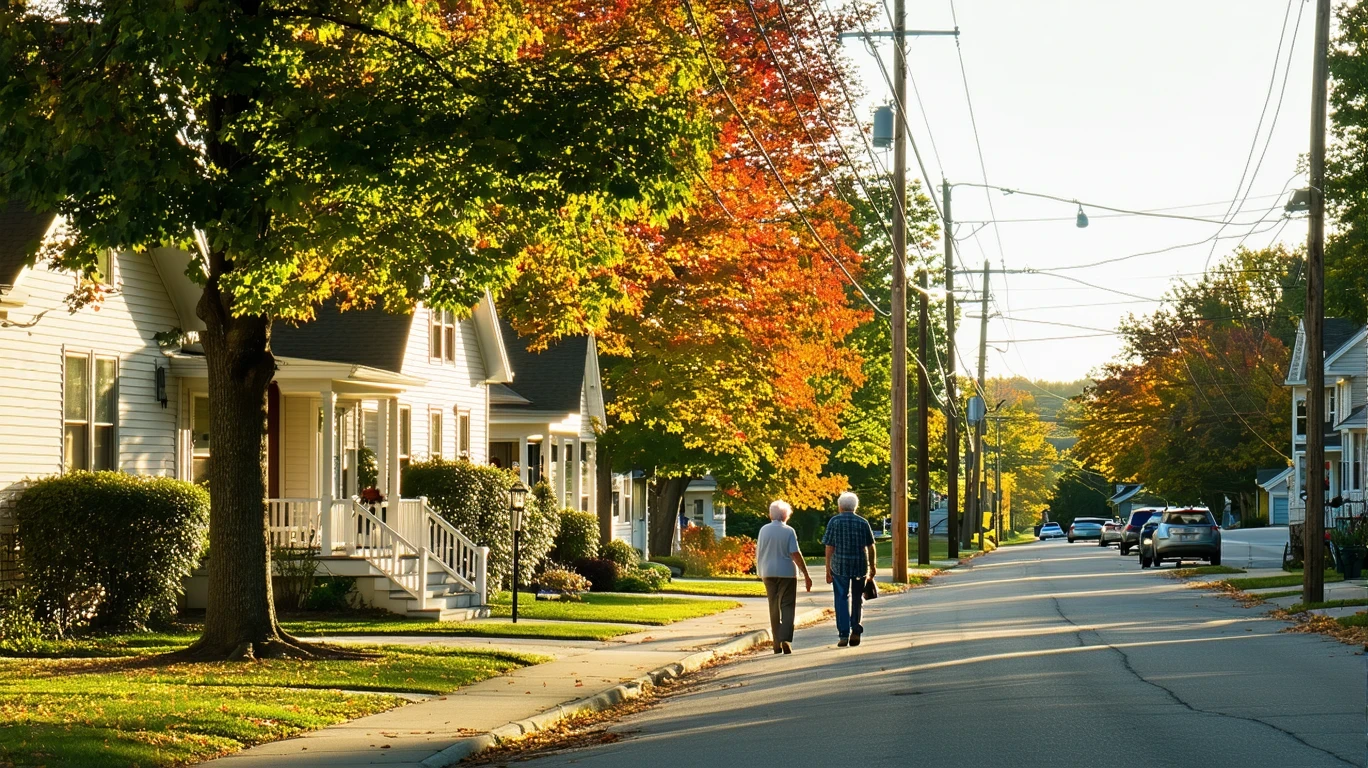 A sunny residential street in Nicholasville, Kentucky with maple trees, neat homes, and an elderly couple walking.