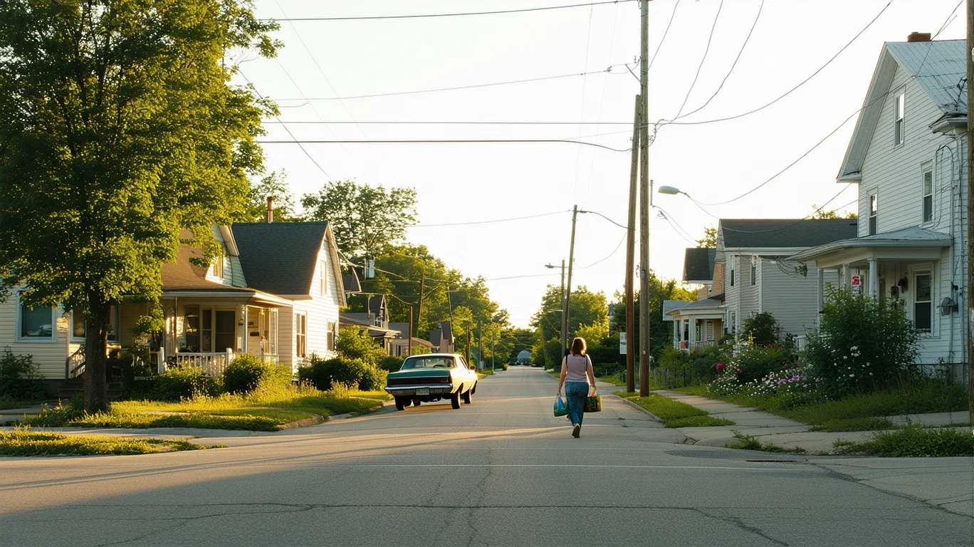 A residential street corner in a Kentucky suburb with modest homes, patchy lawns, and an old car parked on the curb.