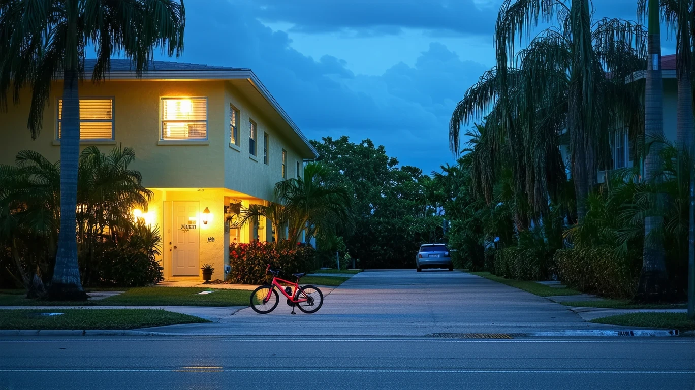 A residential cul-de-sac in Miami at dusk, with glowing porch lights, tropical plants, and a child's bicycle in the foreground.