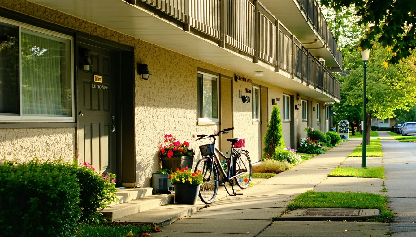 An apartment building in Livonia, Michigan with potted plants by the shaded entryways and two bikes near the railing.