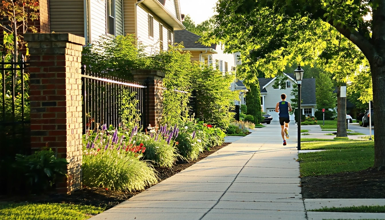 A Detroit suburban cul-de-sac entrance with a low brick wall, native plants, and single-family homes in morning light.