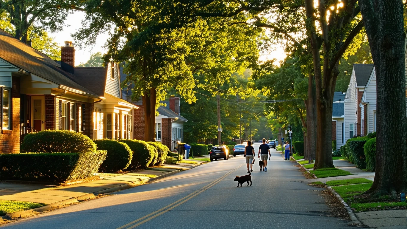 A peaceful residential street in Decatur, Georgia with one-story homes and mature trees casting long shadows in the early morning light. A few people walk dogs on the sidewalk.
