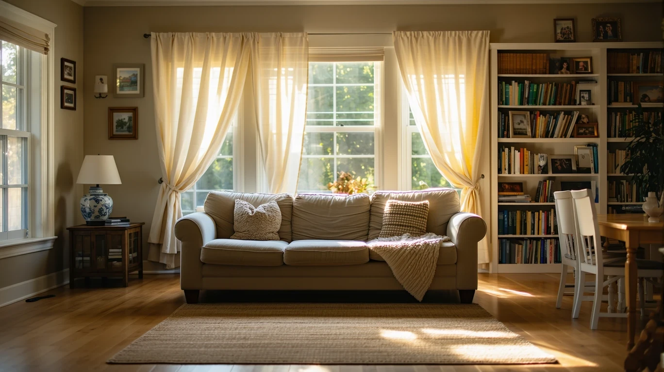 A warmly lit living room with a couch, full bookshelf, hardwood floors and sheer curtains in a home in Roswell, Georgia.