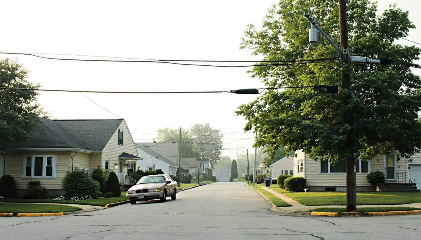 A street corner in Gloucester Township, New Jersey with older single-family homes, overhead power lines, and a parked car.