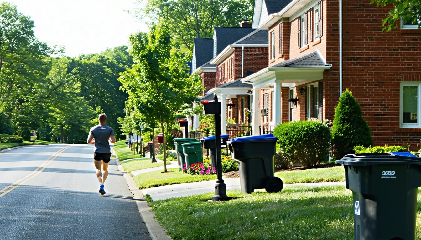 Suburban street in Cherry Hill with brick homes, jogger on sidewalk, and recycling bins out for pickup.
