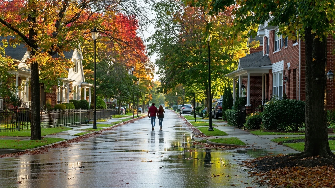 A tree-lined residential avenue in Aurora after a rain, with wet pavement, autumn colors, and a couple walking.