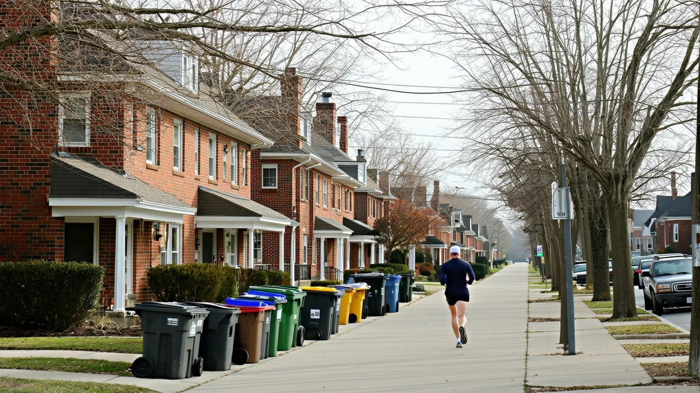 A residential street in Joliet, Illinois with red-brick homes, recycling bins by the curb, and a jogger running past on the sidewalk lined with trees.