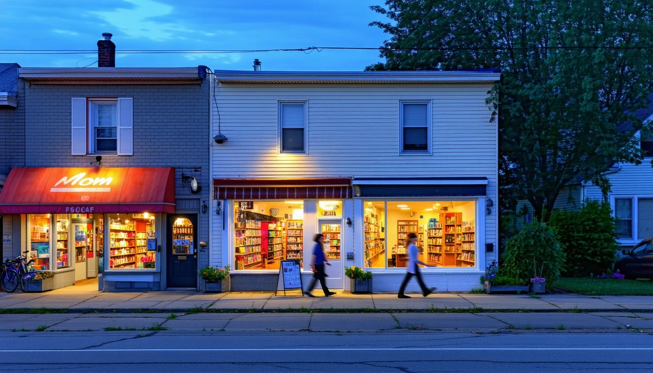Neighborhood view in Livonia with small businesses, patios, and a couple walking at dusk.