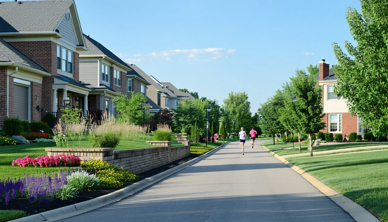 A suburban cul-de-sac in Southfield with a low brick wall, native plants, and two-story homes.
