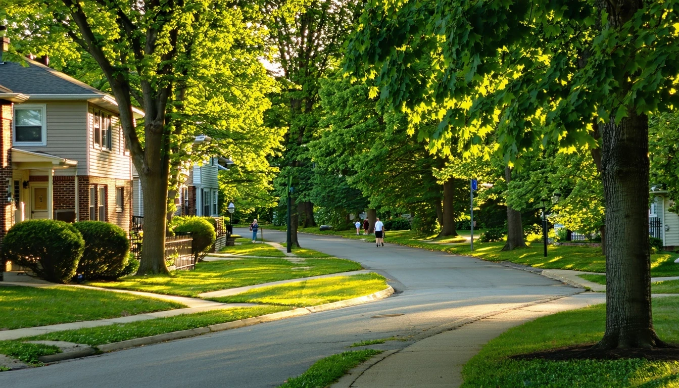 A tree-lined sidewalk curving through a peaceful Dearborn neighborhood, with glimpses of homes and residents walking.