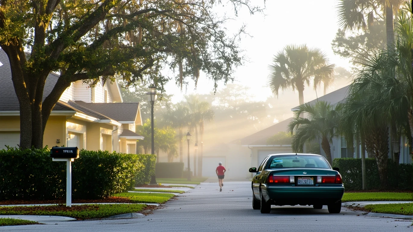 A misty morning street in a Fort Lauderdale neighborhood with two-story homes, mailboxes, an old car parked under a maple tree, and a jogger in the distance.