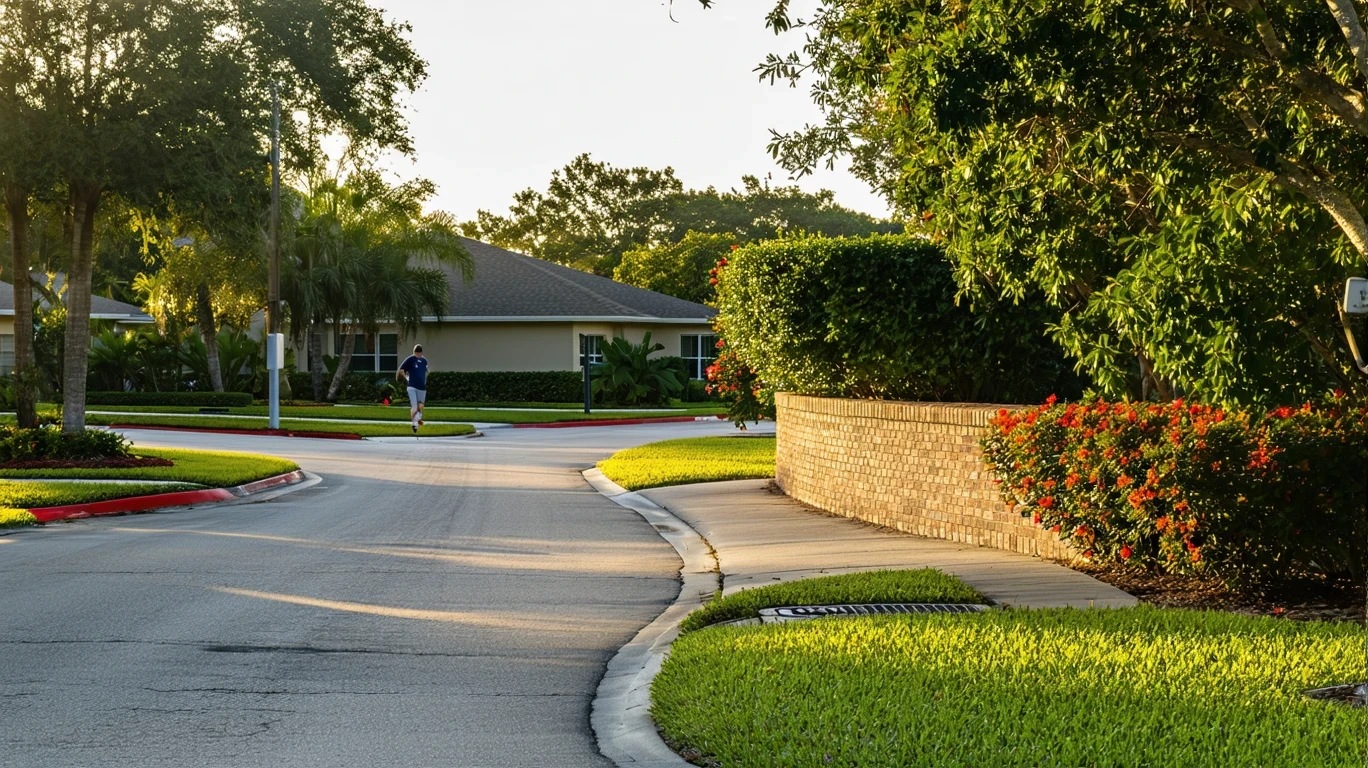 The entrance of a cul-de-sac in Pembroke Pines with a brick wall, native plants, and morning shadows.