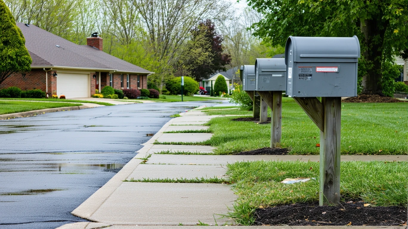 A suburban sidewalk in Taylorsville, Utah curving past mailboxes on a gray, wet day with small homes in the background.