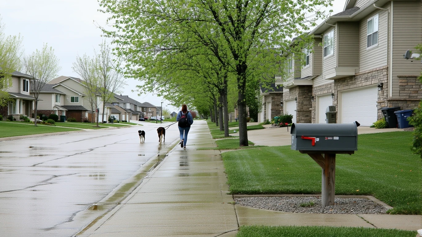 A suburban neighborhood sidewalk in Sandy, Utah on a cloudy day, with mailboxes, split-level homes, and a woman walking her dog in the distance.