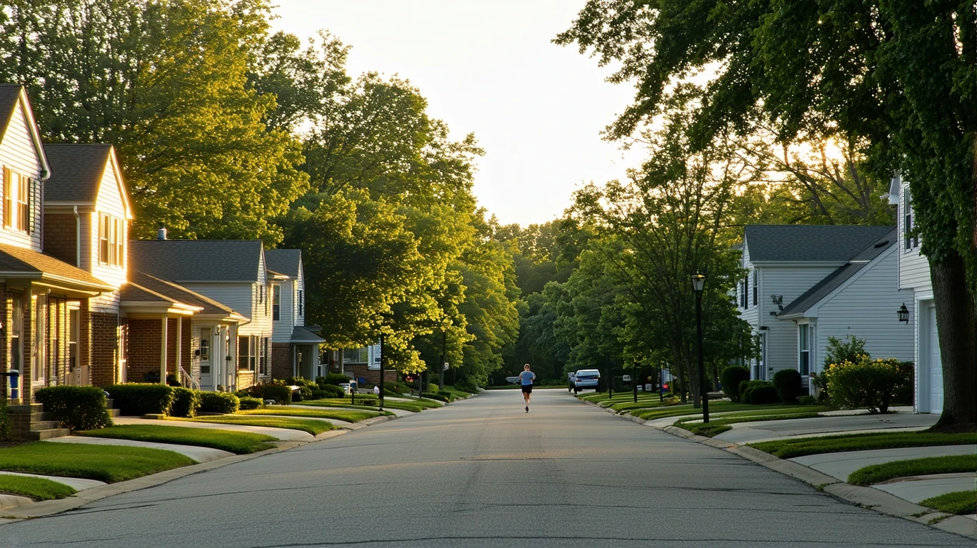 An early morning view of a residential street in Hilliard, Ohio with single-story homes, neatly landscaped yards, and long shadows from trees.