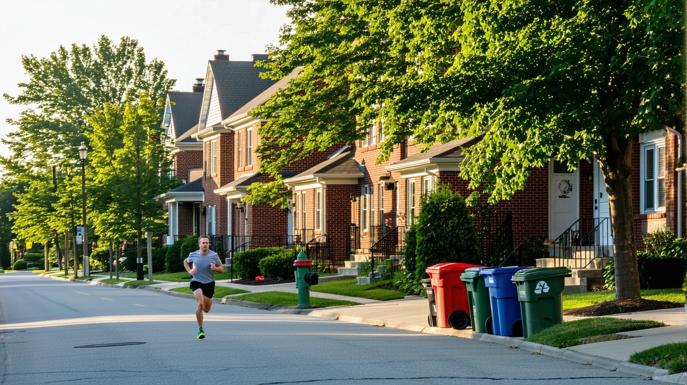 A residential street in Columbus, Ohio with red-brick homes, morning sunlight, a jogger, and recycling bins out for pickup.