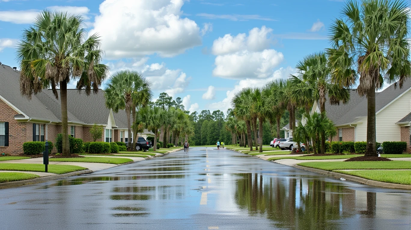 A wide suburban avenue in Grove City, Ohio with palm trees and wet pavement reflecting the sky after a rain shower.