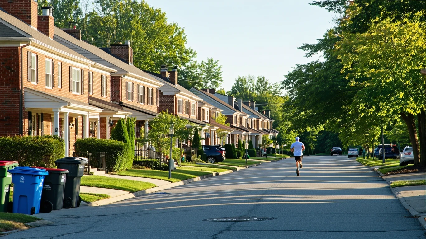 A quiet suburban street in Westerville, Ohio on a sunny morning, with brick homes, bins out for pickup, and a jogger passing by.