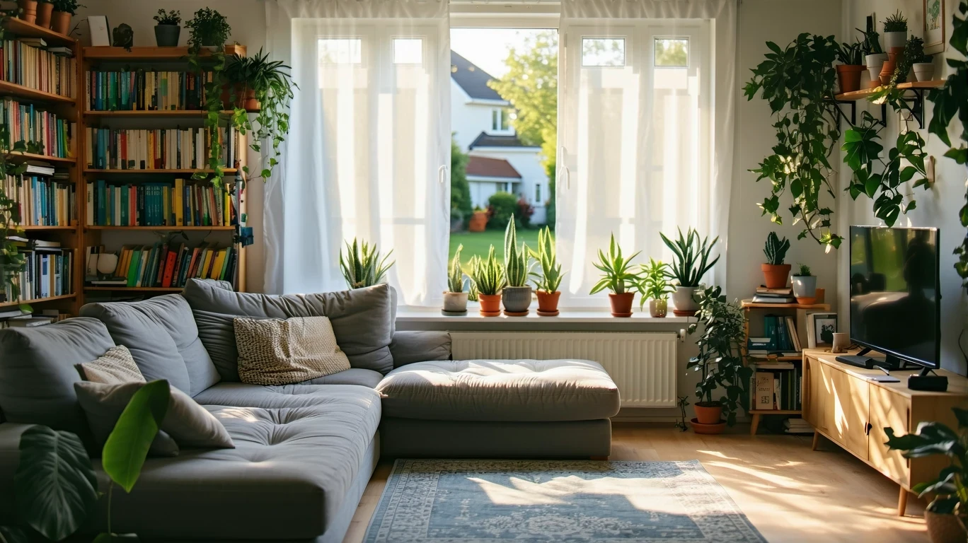 Sunlight streams into a welcoming living room with a couch, bookshelf, rug, and plants, with a manicured yard visible through sheer curtains.