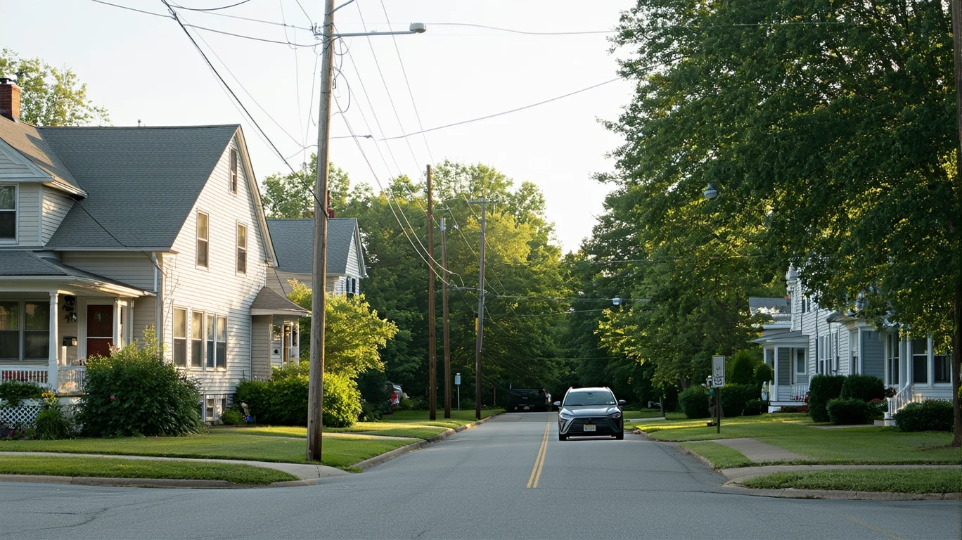 A residential street corner in Duluth, Georgia with modest homes, patchy grass, and an older car parked on the street.