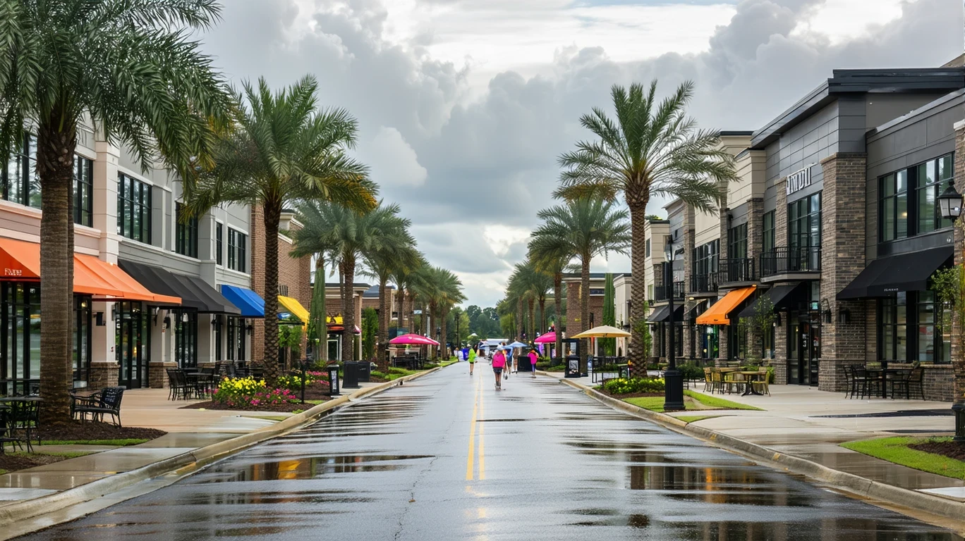 A wide avenue in Alpharetta, Georgia after a rain, with palm trees reflected in puddles, wet asphalt, and a few people walking along the sidewalk.
