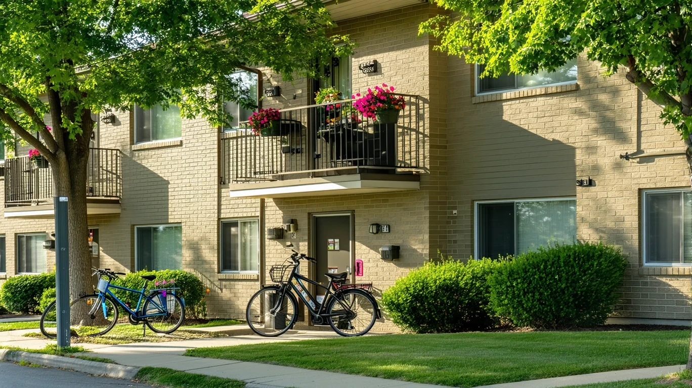 A small, tidy apartment building in Eagan, Minnesota with bicycles resting by the shaded entrances.