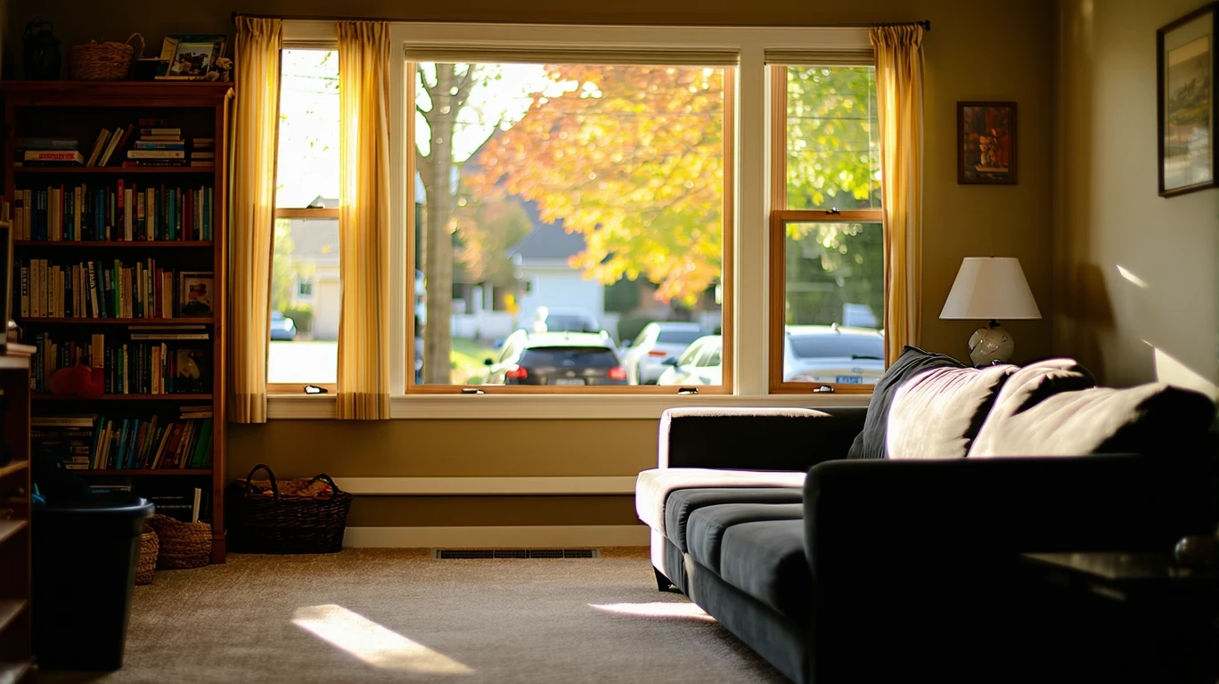 A living room with a couch and bookshelf, soft light coming through sheer curtains.