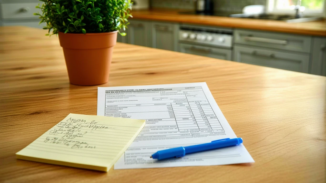 A utility bill, pen, and notepad with monthly expenses on a kitchen table.