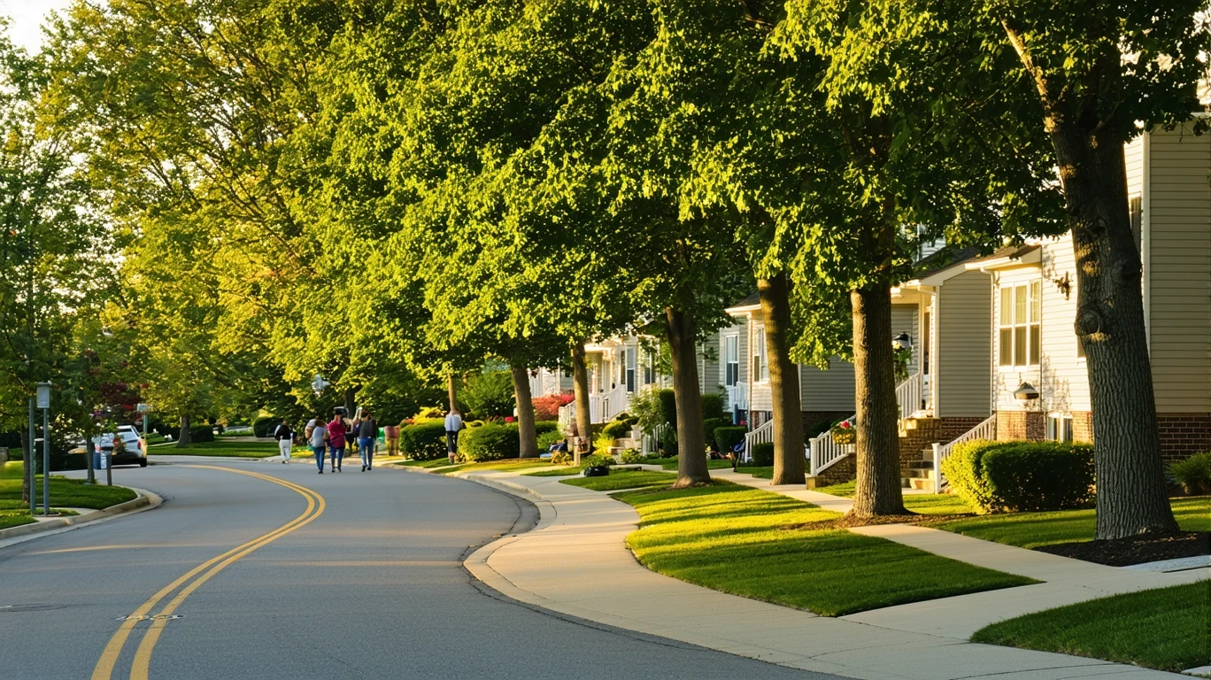 Tree-lined suburban street in Eagan, Minnesota with people walking on sidewalk and homes visible through foliage.