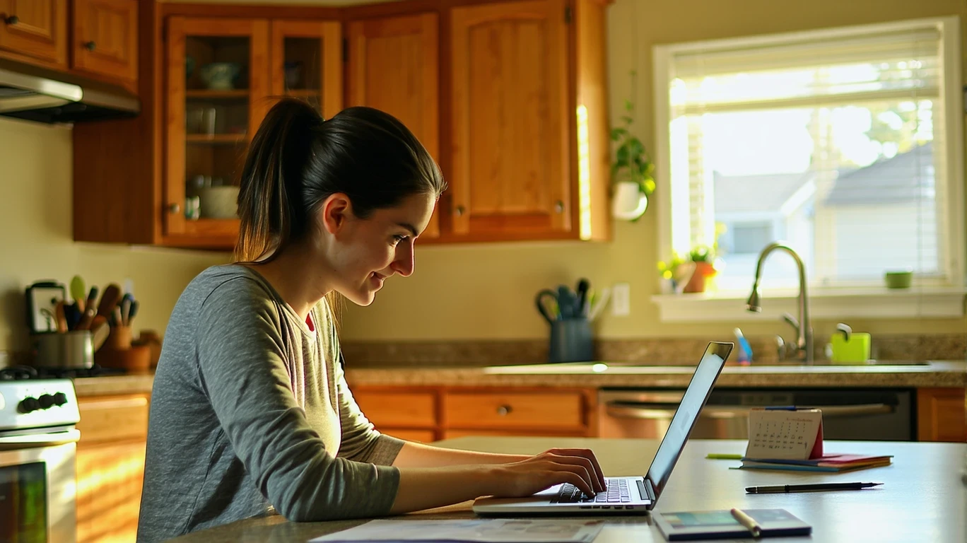 A single parent reviews their budget on a laptop at their kitchen counter, with a calendar and pen beside them.