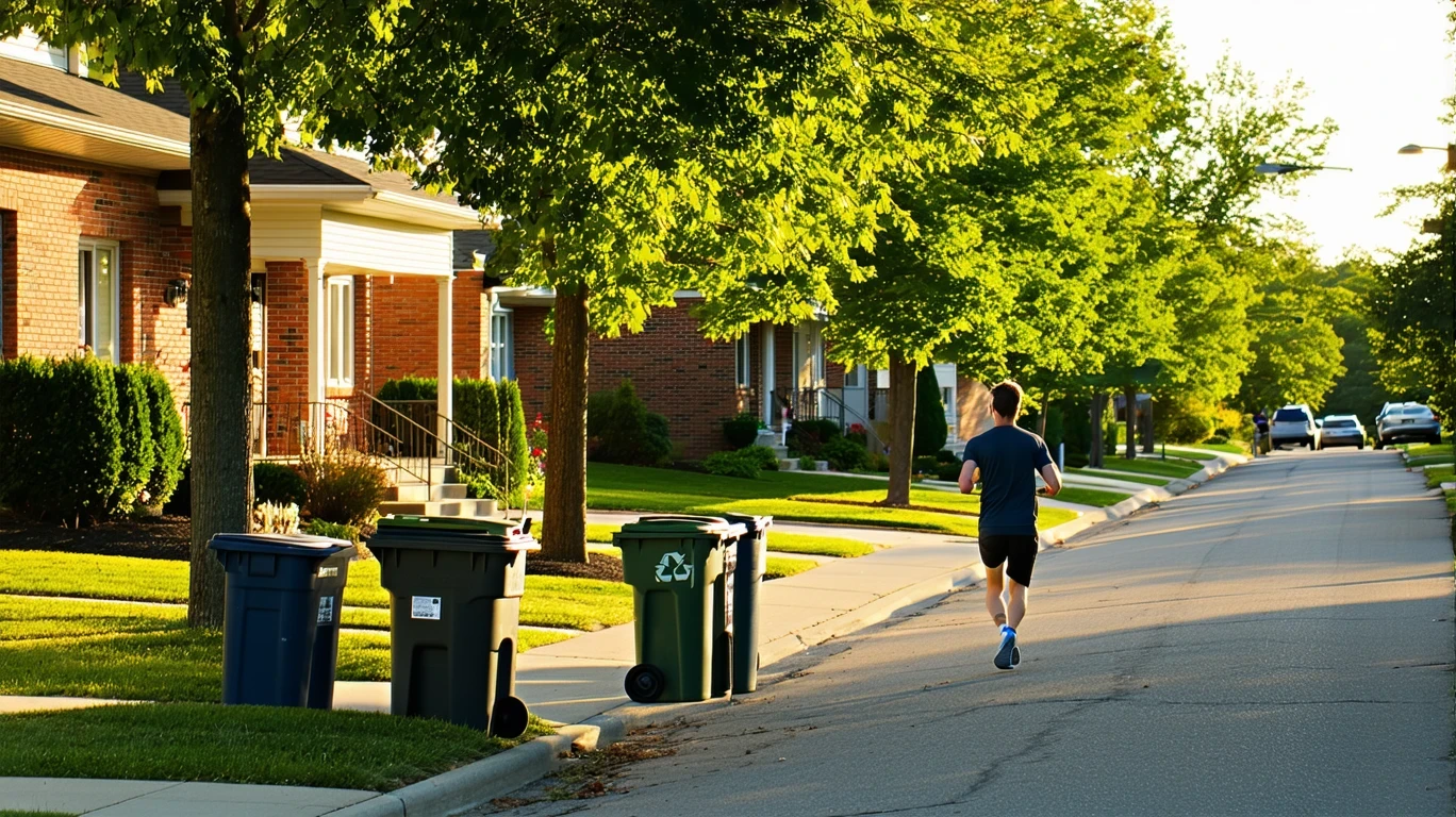 A tidy suburban street in Eagan, Minnesota lined with red-brick homes and recycling bins out for pickup. A jogger runs past.