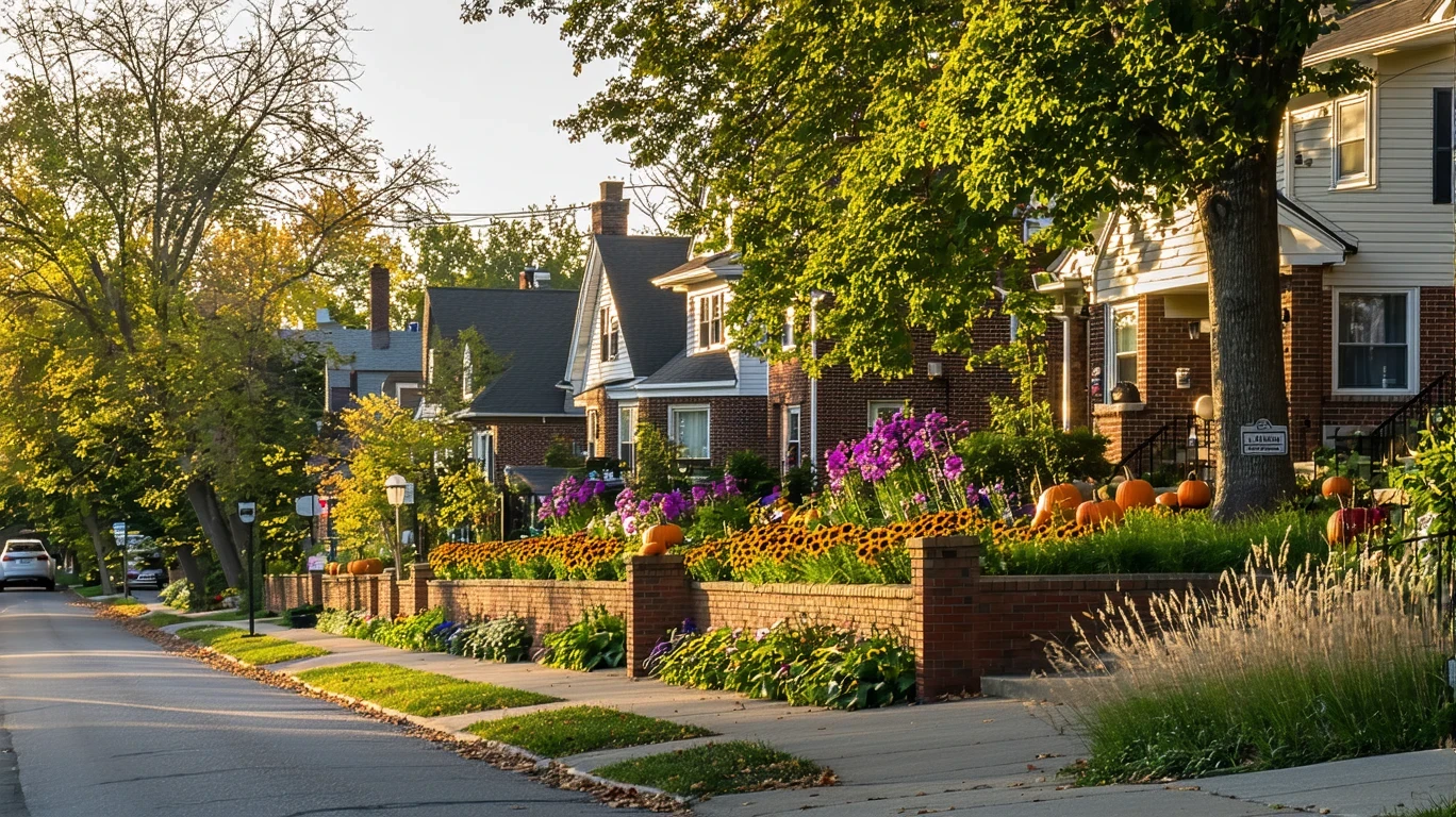 The entrance to a tree-lined Minneapolis neighborhood with 1920s homes, native landscaping, and fall decor on a quiet afternoon.
