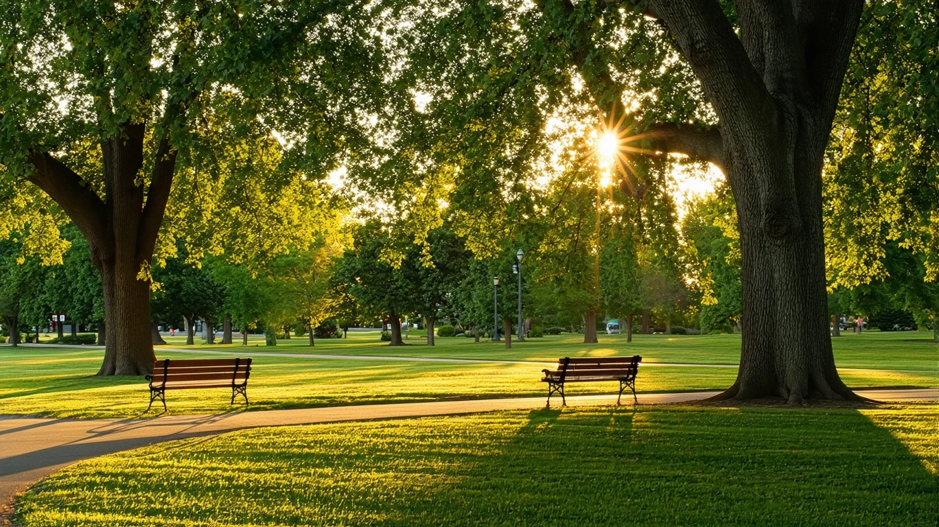 A park in Brooklyn Park, Minnesota with oak trees, benches, and golden-hour lighting.