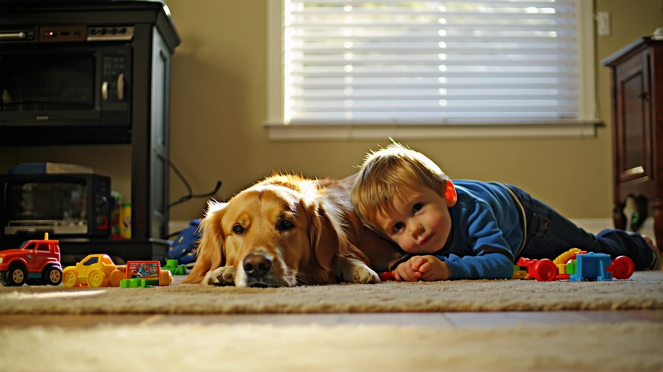 Two children lying on the floor watching TV with a dog between them in a homey living room.