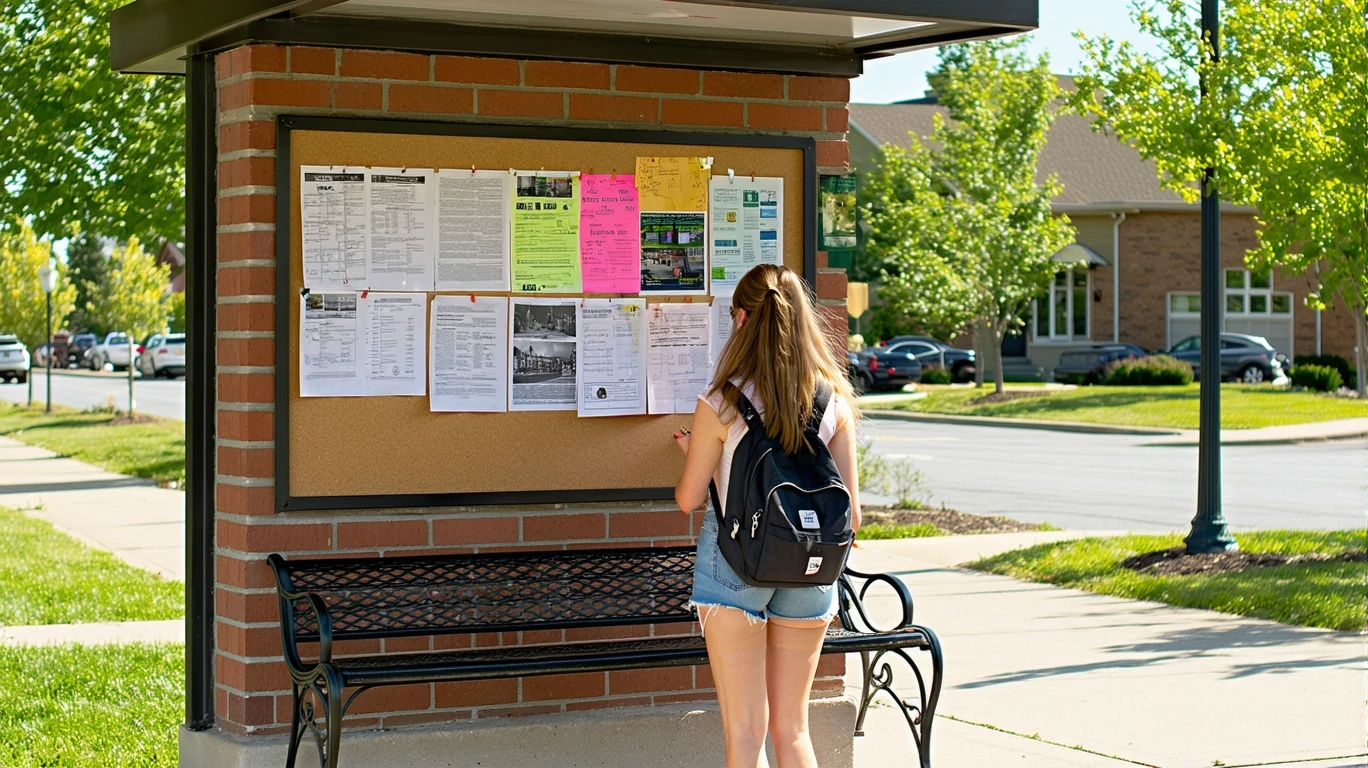 A woman reading event flyers on a community corkboard mounted to a brick wall of a bus shelter.