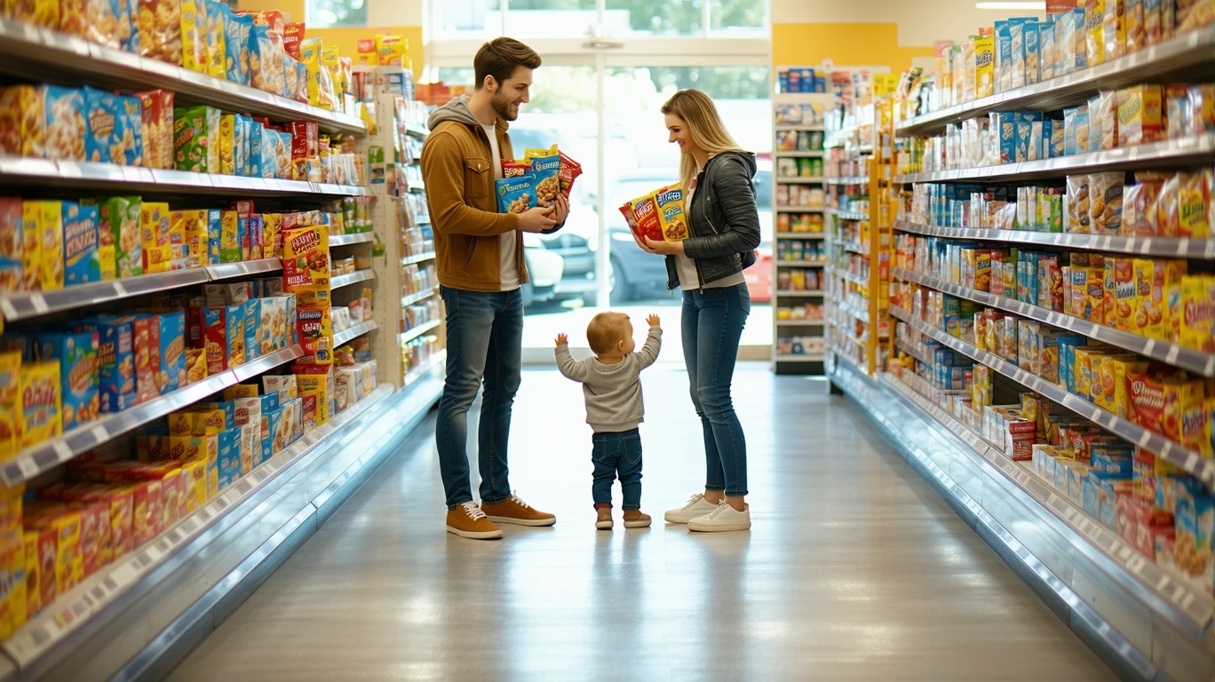 A couple with a child debates cereal choices in a grocery store aisle.
