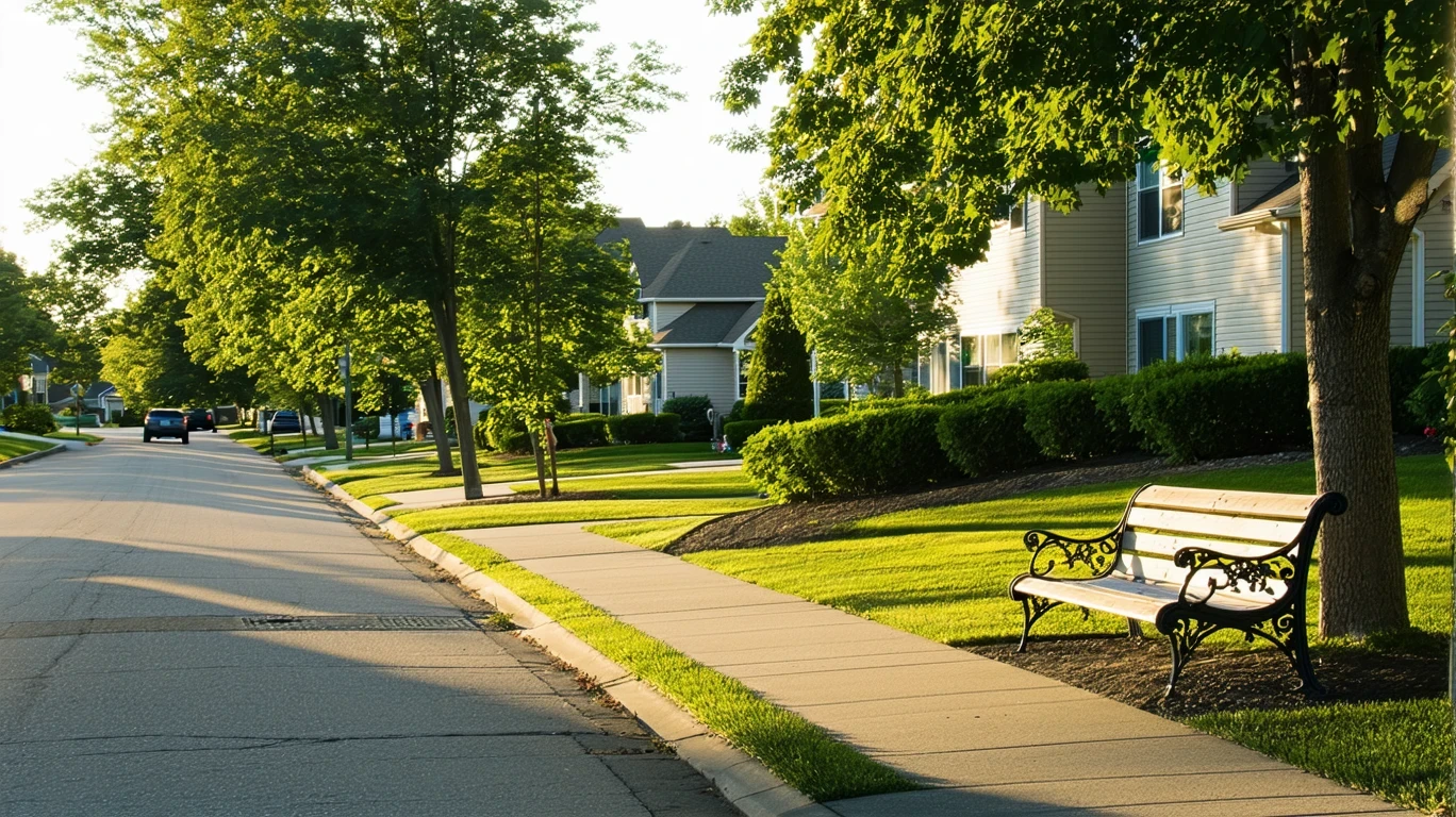 A suburban neighborhood park in Eagan, MN with trimmed hedges, an empty bench, and sidewalk on a sunny afternoon, single-family homes visible in the background.