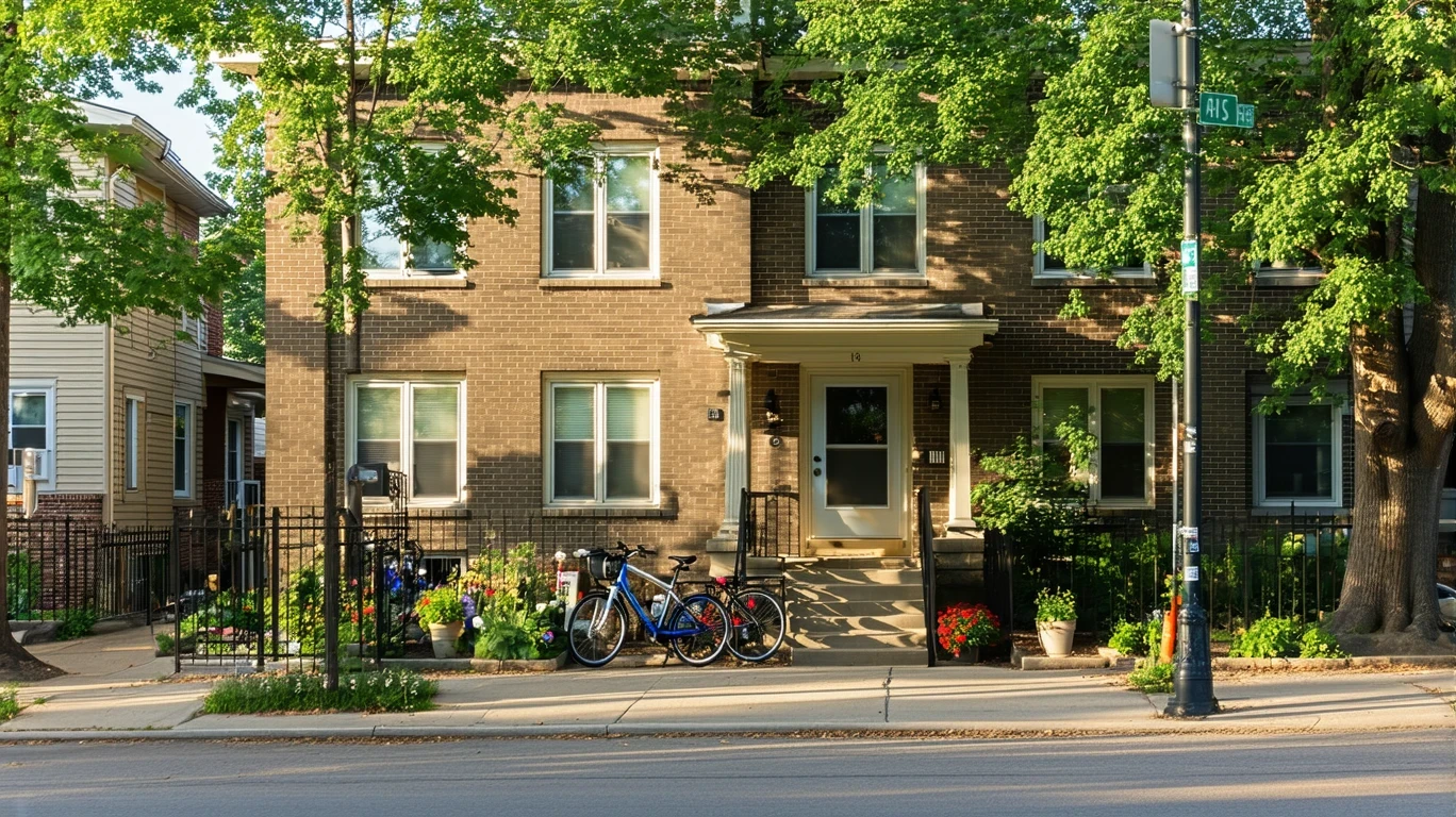 Exterior view of a small brick apartment building on a tree-lined street in Saint Paul, MN with potted plants by the shaded entryway and two bicycles resting against the railing.