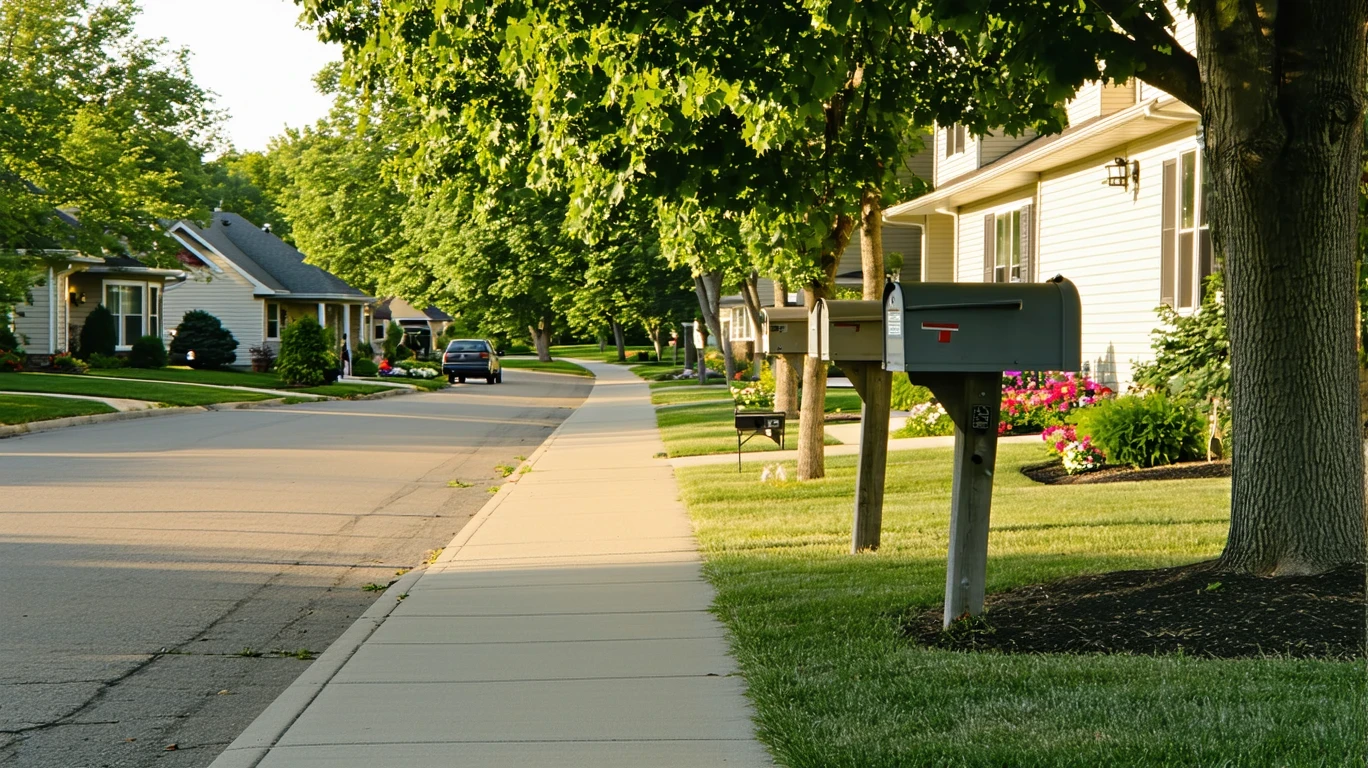 A sunlit suburban sidewalk in Eagan, Minnesota with several gray mailboxes in a row and a pedestrian walking in the background.