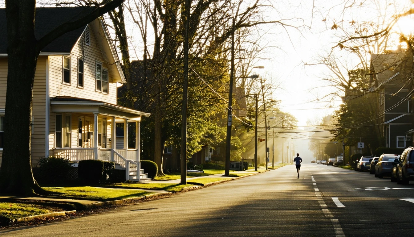 Residential street in Hartford with small single-story homes, porches, sidewalks and long shadows from trees at sunrise.