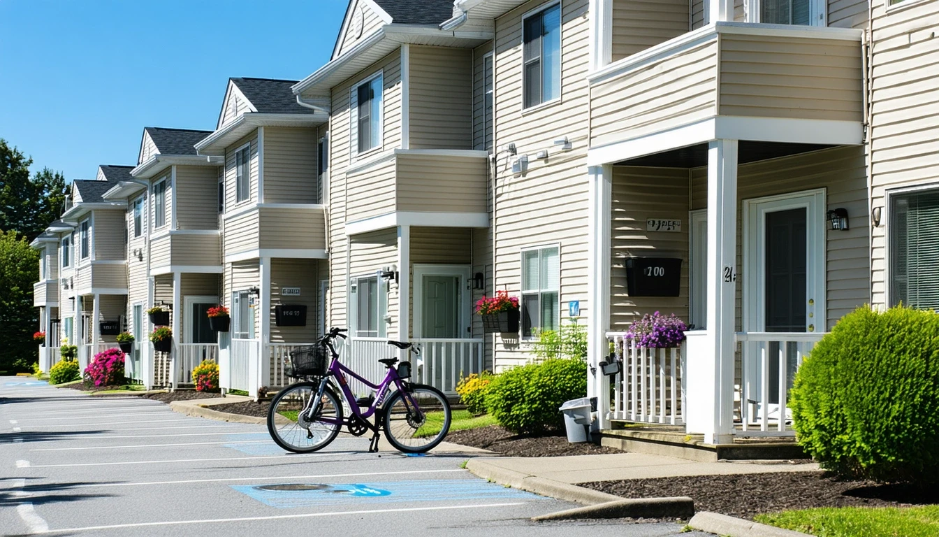 A row of garden-style apartment buildings in South Windsor, Connecticut, with bicycles resting on a patio and landscaped grounds.
