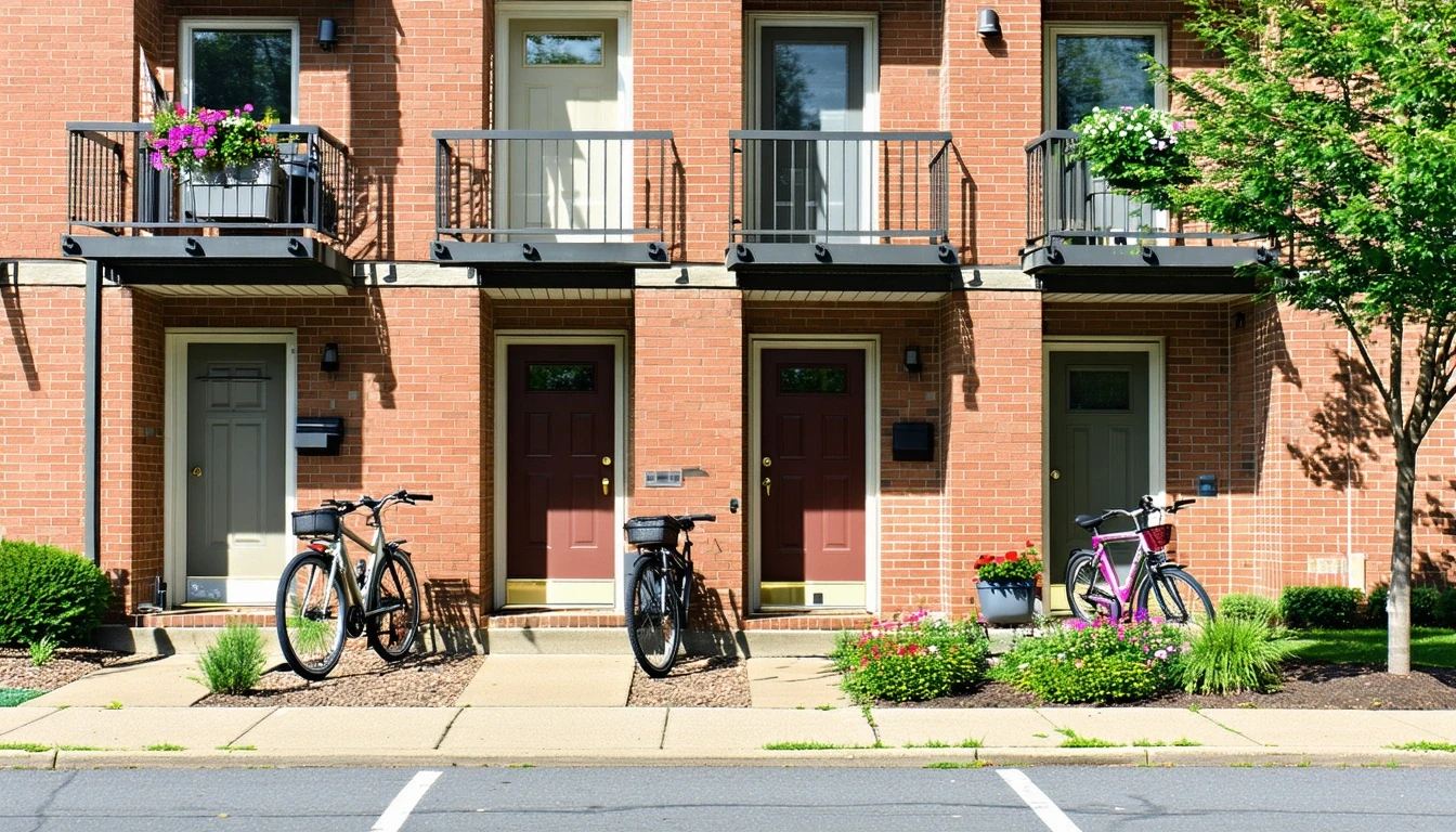An apartment building in Manchester, Connecticut with bicycles by the door, potted plants, and small manicured yards.