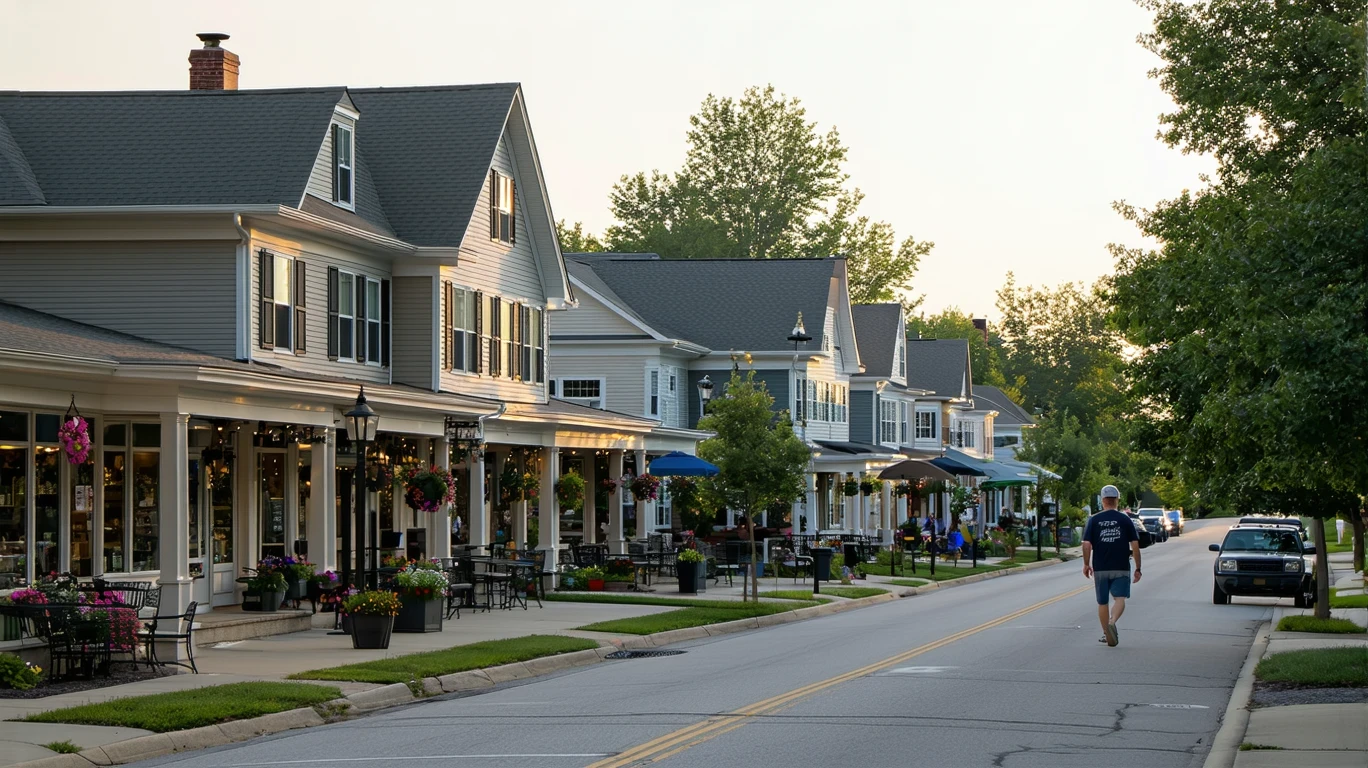 A quiet street in a suburban neighborhood at dusk, with small storefronts and single-family homes.